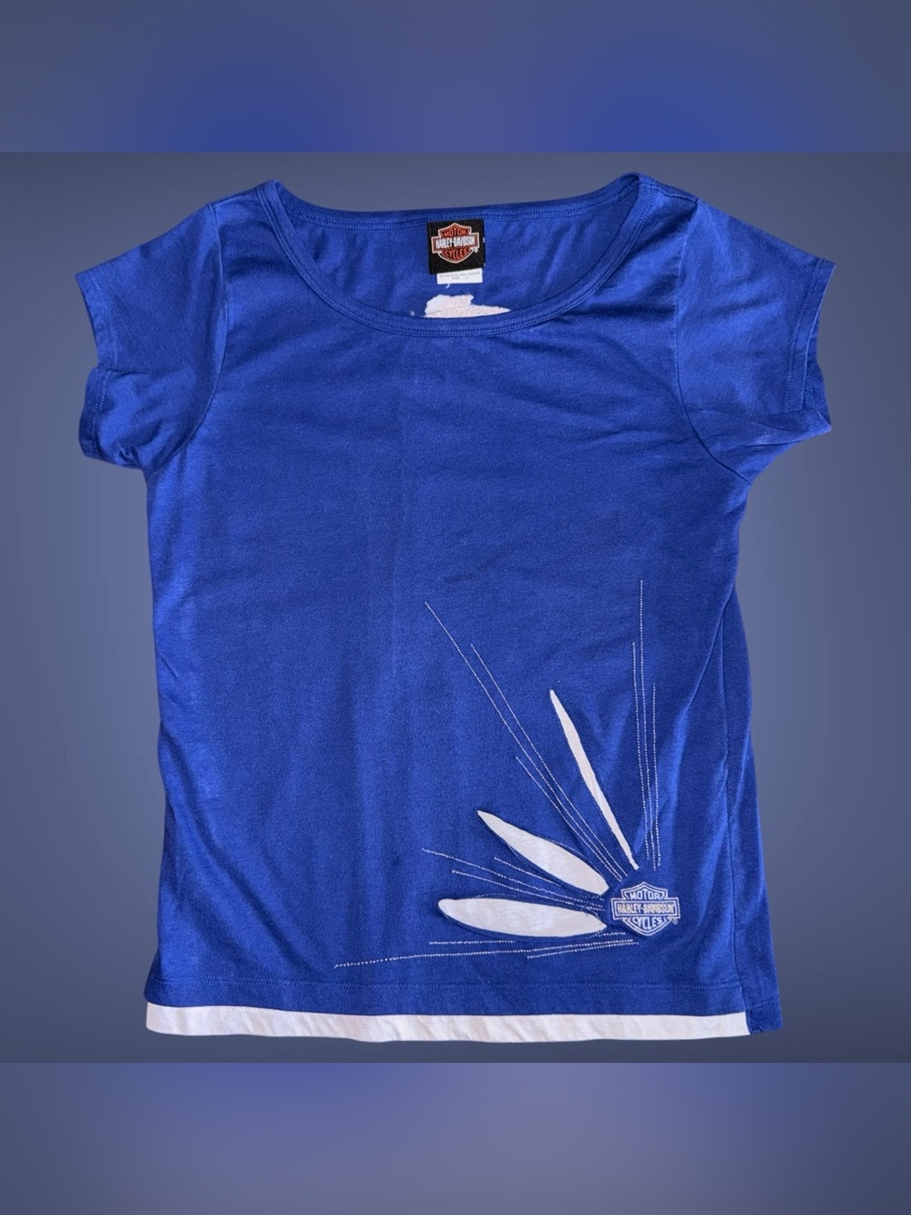 Y2K Women's Large Blue Harley-Davidson Cut-Out Appliqué Burst Biker T-Shirt
